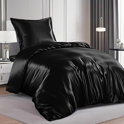 RUIKASI Parure de lit en satin 200 x 220 cm - Noir - Soyeux - Housse de couette de luxe avec brillance comme de la soie - Pour cheveux et peau - Parure de lit brillante 200 x 220 cm avec fermeture - Nail Gallerys