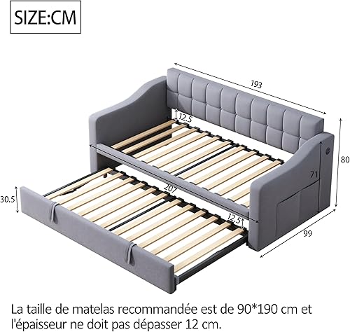 Zubaliya Canapé lit 2 Place 90/180 avec USB et Sac de Rangement, Lit Double Rembourré Extensible 2 en 1 Multifonction avec Gigogne, Cadre de Lit Tissu Velours Gris(sans Matelas) - Nail Gallerys