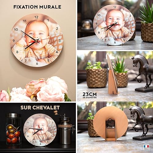 Ballonssimo Horloge Ronde Personnalisée en Bois 23cm - Impression Photo et Texte Haute Qualité - Décoration Murale Unique - Idée Cadeau Originale (pour Papa) - Nail Gallerys