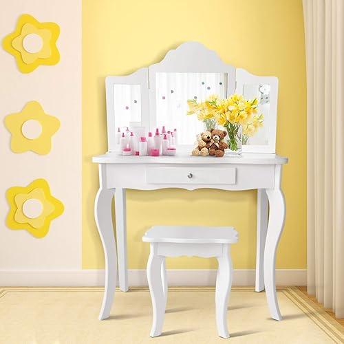 LIFEZEAL Coiffeuse Enfant 2 en 1 avec Tabouret et Tiroir, Coiffeuse Enfant Fille avec Miroir à 3 Volets Pliables, Table de Maquillage pour Enfants 3-7 Ans, 70x34x105cm (Blanc) - Nail Gallerys