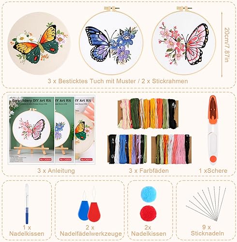 Kit de Démarrage de Broderie, 3PCS Kit d'Outils de Broderie Papillon, Kit de Broderie Débutant, Kit de Démarrage de Point de Croix, avec Instructions, 2 Cadres de Broderie, Fils de Couleur, Ciseaux - Nail Gallerys