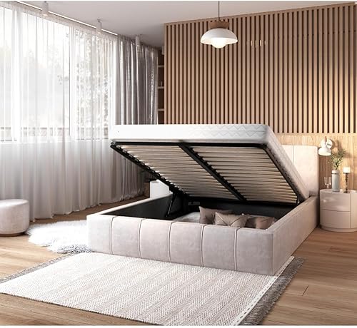 Lit coffre ATLANTA 160 x 200 cm avec sommier à lattes relevable Beige - Nail Gallerys