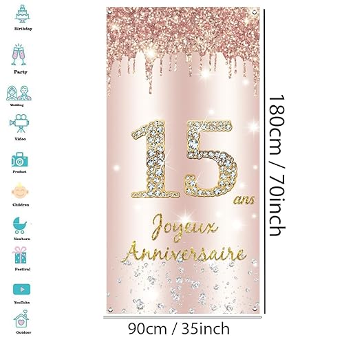 Joyeux 15 ans Anniversaire Bannière en Or Rose, Décoration de Fête d'anniversaire 15 ans de Bannière de porte, Banderoles pour Fêtes Anniversaire de Fille, Signe de Bienvenue Fête d'anniversaire - Nail Gallerys