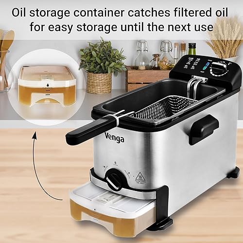 Venga! Friteuse Semi-Professionelle 3 L, avec Filtration et Stockage d'Huile, 2 000 W, Noir/Inox, VG FT 3012, Métal - Nail Gallerys