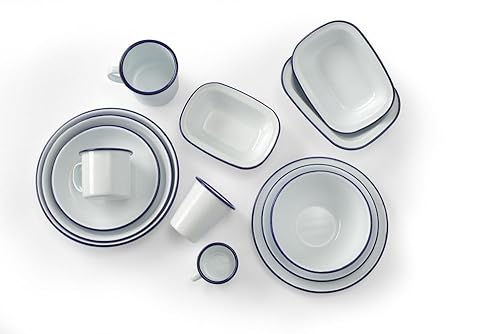 HENDI Assiette en acier émaillé blanc, avec bord bleu, récipient, plat rond, assiette creuse, ø220x(H)36mm (Lot de 2) - Nail Gallerys