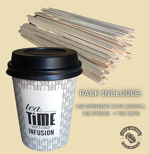 gobelets jetables avec couvercle et agitateurs 200 ml (7 Oz) Gobelets à café jetables en carton pour café, thé, eau, boissons chaudes et froides, verres à café à emporter (150 tapas y paletinas) - Nail Gallerys