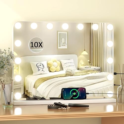 YU YUSING Miroir Maquillage Hollywood Lumineux 80X62cm, Miroir Coiffeuse avec 18 Lumières LED et 3 Réglable Déclairage Modes, Type C USB, Grossissant 10x, Montage Mural, Coins Arrondis, Blanc - Nail Gallerys