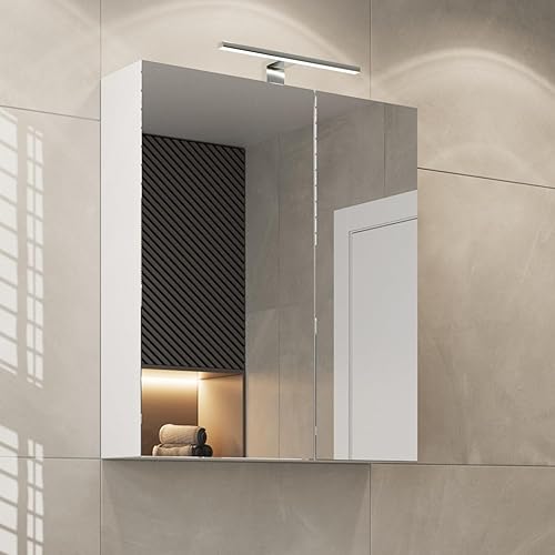 Planetmöbel Armoire de Salle de Bain avec Miroir chêne Sonoma 60,2x67,4x14cm et éclairage LED, Armoire Murale Double Portes - Nail Gallerys