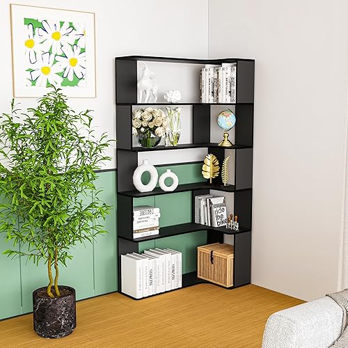 OXFENSEE Bibliotheque Angle，Etagère d'angle à 5 étages, en Bois, Hauteur : 169 cm, Grande Etagere Ouverte, Style Moderne Meuble de Rangement pour Salon, Etudier,Chambre,Noir - Nail Gallerys