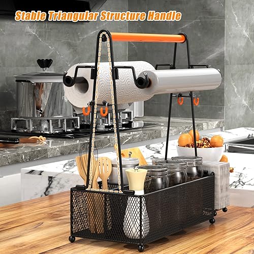 PHINOX Panier à ustensiles avec poignée et porte-rouleau d'essuie-tout, argenterie et condiments pour fête, pique-nique et camping, noir - Nail Gallerys