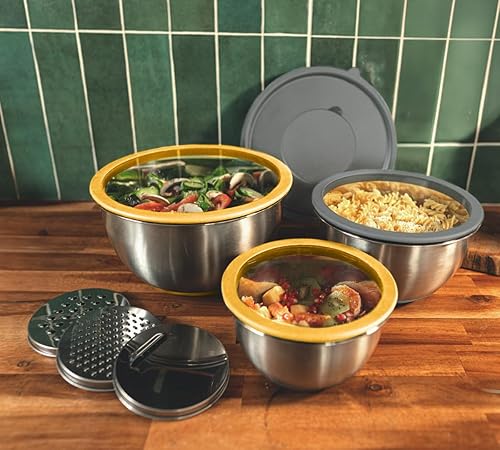 PIKA | Lot de 3 Bols en Inox avec Couvercles en Verre + 3 râpes intégrées | Cul de poule inox 4 en 1 |Empilables | Idéal Repas, Pique-Nique, Préparation - Nail Gallerys