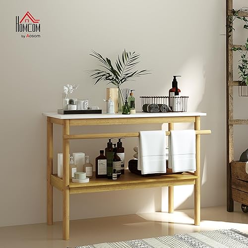 HOMCOM Étagère Salle de Bain Rangement, Meuble Salle de Bain en Bambou à 2 Niveaux avec Barre Porte-Serviettes, étagère Ouverte, dim. 100l x 48P x 75H cm, Naturel et Blanc - Nail Gallerys