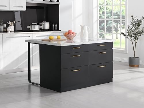 Vente-unique - Ilot Central de Cuisine avec 6 tiroirs en MDF et métal - Noir et Effet Marbre Blanc - ALEGRITA - Nail Gallerys