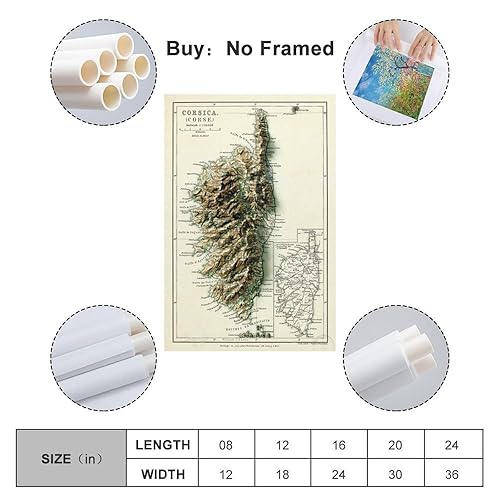 GELS Impression sur toile représentant la carte de la Corse en relief rétro 30 x 45 cm - Nail Gallerys