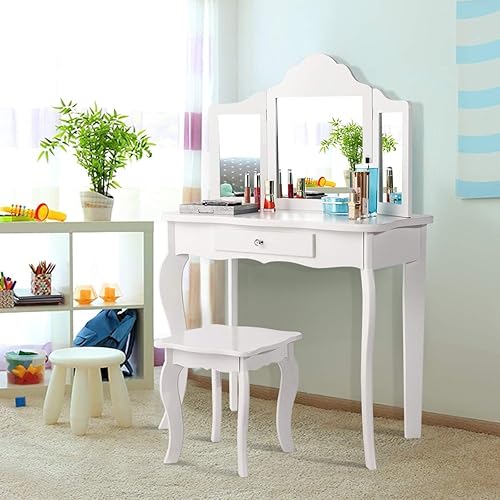 FANTASK Coiffeuse 2 en 1 pour Enfant, en Bois, avec Miroir Amovible à 3 Compartiments et tiroir, Table de Princesse avec Tabouret en Blanc, Table cosmétique pour Fille 70 x 34 x 103 cm - Nail Gallerys