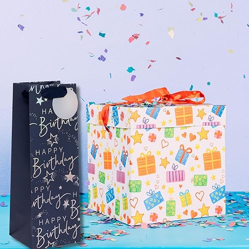 Glick Grand Sac Cadeau Bouteille Inscription Happy Birthday 125x360x120mm Sac Luxe Recyclable Anniversaire Bleu - Nail Gallerys