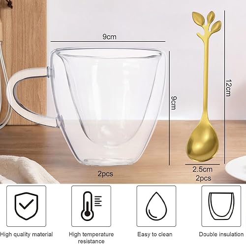 Gohytal Tasse en Verre Double Paroi en Cœur 180ml avec Cuillère, Lot de 2, Tasse Isotherme pour Thé/Café/Chocolat Chaud, Cadeaux pour Maman, Femme, Copine (Fête des Mères/Anniversaire/Noël) - Nail Gallerys