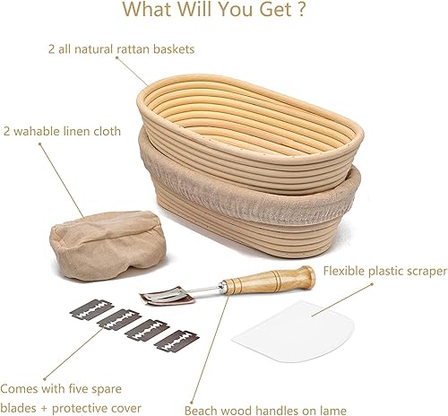 Wumu Lot de 2 paniers de fermentation ovales de 25,4 cm en osier naturel pour boulangers professionnels (avec insert en lin, spatule, pain) - Nail Gallerys