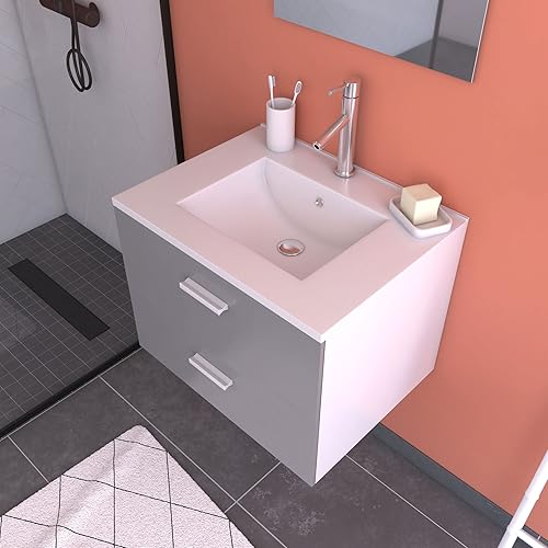 AURLANE Meuble Salle de Bain 60 cm Suspendu 2 tiroirs Gris avec Vasque et Miroir - Box-in 60 Grey - Nail Gallerys
