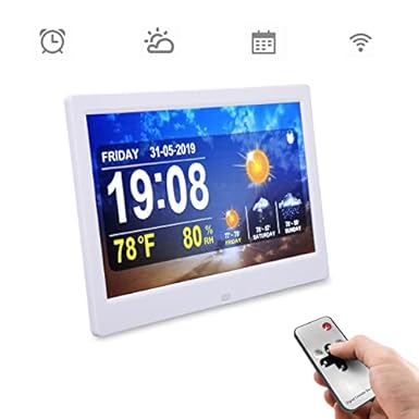 Horloge Météo WIFI 10 Pouces, Affichage Blanc de la Date, de L'heure, de la Température et de l'humidité, Réveil pour Personnes âgées avec Télécommande, Photos, Vidéos, Lecture - Nail Gallerys