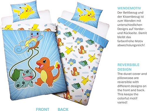 Parure de lit réversible pour enfant - Certifié Öko-Tex - Housse de couette 140 x 200 cm et taie d'oreiller 70 x 90 cm - Pokémon avec Pikachu, Glumanda, Scarabée et Bulbizarre - Nail Gallerys