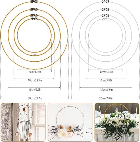 Cercle Attrape Rêve 8/10/15/20 cm, 16Pcs Cercle en Métal, Anneaux en Métal, Anneau pour Couronne, Cerceau Floral pour Décoration de Couronne de Mariage, Attrape-Rêves et Macramé(Doré et Argenté) - Nail Gallerys