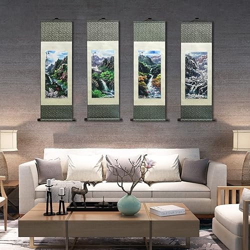 Peinture en Soie Décoration Murale Asiatique Quatre Saisons Printemps Été Automne Hiver Paysage Peinture - Printemps Belle Défilement ​Peinture Chinoise à Suspendre Décoration Orientale (94 x 30cm) - Nail Gallerys
