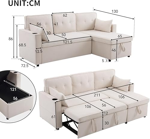 Zubaliya Canapé lit avec Fonction Couchage rembourré,canapé d'angle Convertible 4 Places en U,canapé 4 Places Relax,Tissus en Coton et Lin,avec Porte-gobelet,Deux espaces de Rangement (Gray) - Nail Gallerys