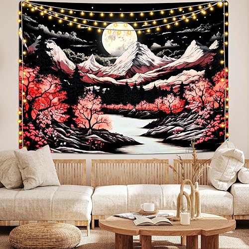 Alishomtll Tapisserie de scène de montagne, bois de lune, montagnes et rivières, tapisserie murale noire et rouge, paysage naturel, revêtement mural décoratif, chambre à coucher, dortoir, poudre 210 x - Nail Gallerys