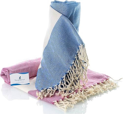 Serviette Peshtemal Turque 100% Coton, Set de 2 Serviettes Absorbantes à Séchage Rapide pour Hammam, Bain, Sport, Plage, 100*200cm, 435g, Serviette Compacte pour Voyager, Pique-Nique (Bleu/Rose) - Nail Gallerys