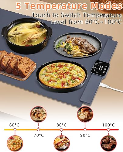 Chauffe Plat Électrique, Plaque Chauffante avec Température Réglable 60°C - 100°C et Minuteur de 4 Heures, Pliable Silicone Chauffe Assiette à Réchaud pour Bithday, Mariage, Fêtes et Buffets Banquet - Nail Gallerys