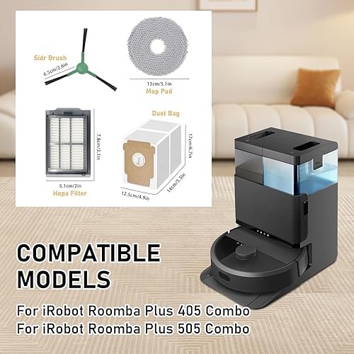 DianSung accessoires pour iRobot Roomba Plus 405 Combo/Plus 505 Combo pièce de rechange pour aspirateur, 4 chiffons de lavettes,4 sacs à poussière 4 brosses latérales,4 filtres - Nail Gallerys