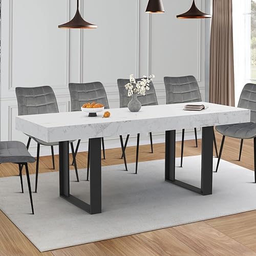 IDMarket - Table à Manger Extensible Rectangle Phoenix 4-8 Personnes Plateau Effet marbre Blanc Alaska 160-200 cm - Nail Gallerys