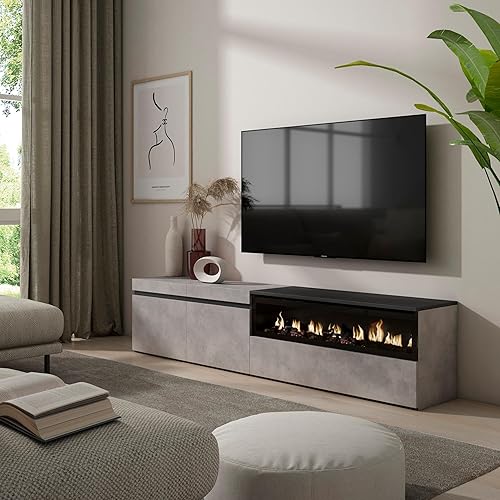 Skraut Home | Meuble TV | Banc Télé | Grand Espace de Rangement | 200x45x35cm | pour Les TV jusqu'à 80' | Cheminée électrique | Style Moderne | Ciment - Nail Gallerys