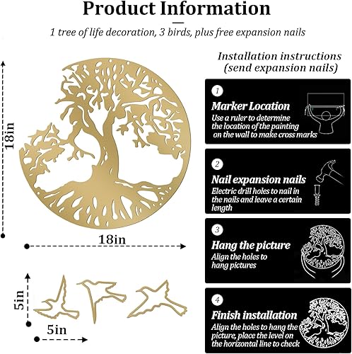WINUSD Lot de 4 décorations murales en métal, motif d'arbre de vie et oiseaux de la paix, 68 cm, sculpture à suspendre pour le jardin (arbre de vie et 3 oiseaux) - Nail Gallerys