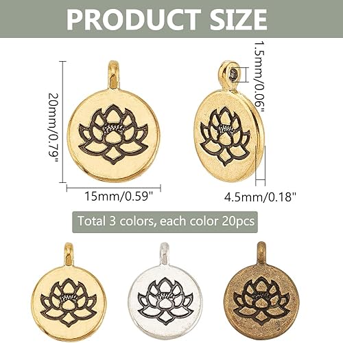 PH PandaHall Lot de 60 breloques en forme de fleur de lotus, 3 couleurs, pendentifs floraux tibétains ronds et plats en métal pour bracelets, colliers, boucles d'oreilles, fabrication de bijoux, - Nail Gallerys