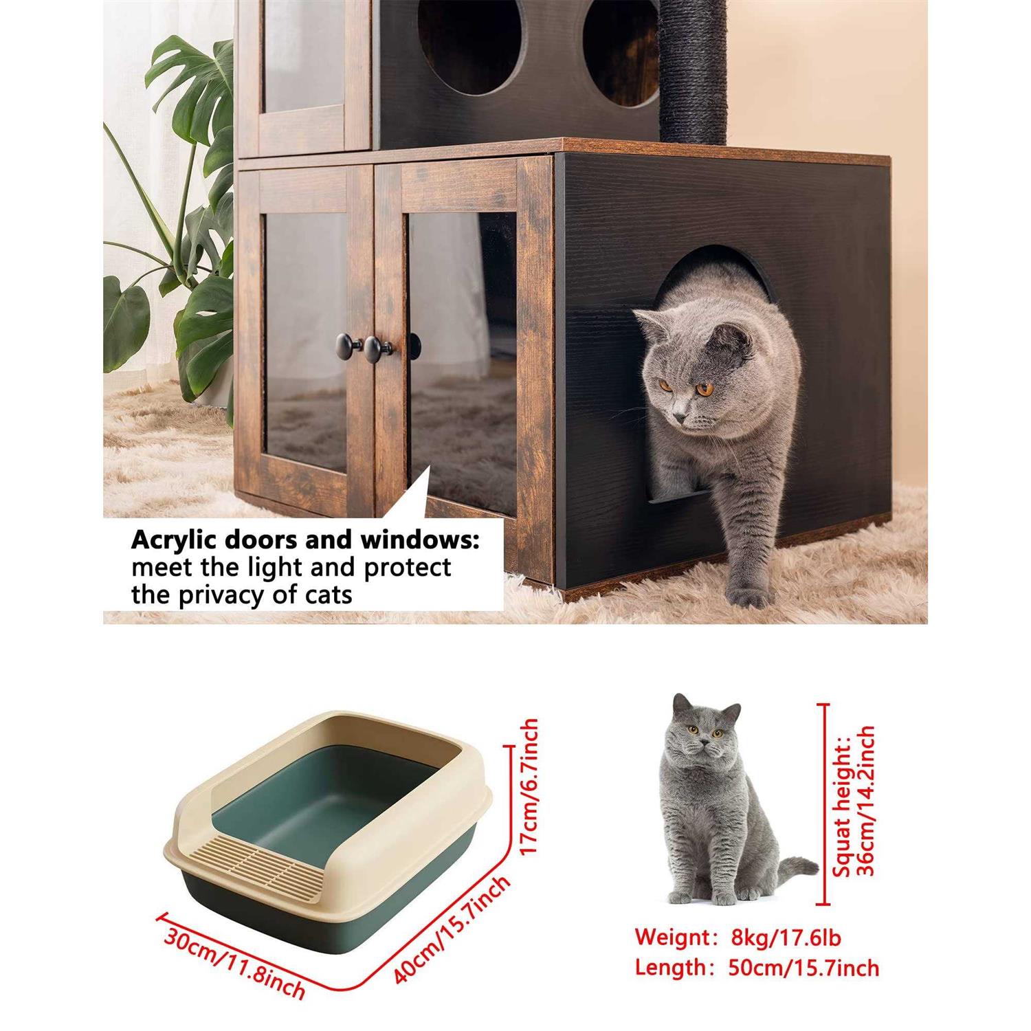 fourfurpets multipurpose litter box enclosure with cat tree, acrylic doors and windows - Nail Gallerys