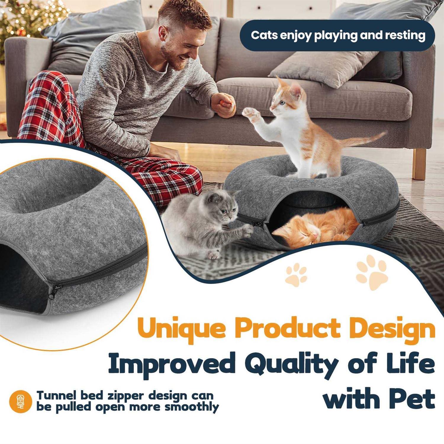 HOMAGICO Cat Tunnel Bed,Peekaboo Cat Cave with Pet Blanket,Detachable Donut Tunnels for Indoor Cats,Cat Tunnel Toy,Felt Round Cat Bed Suitable - Nail Gallerys