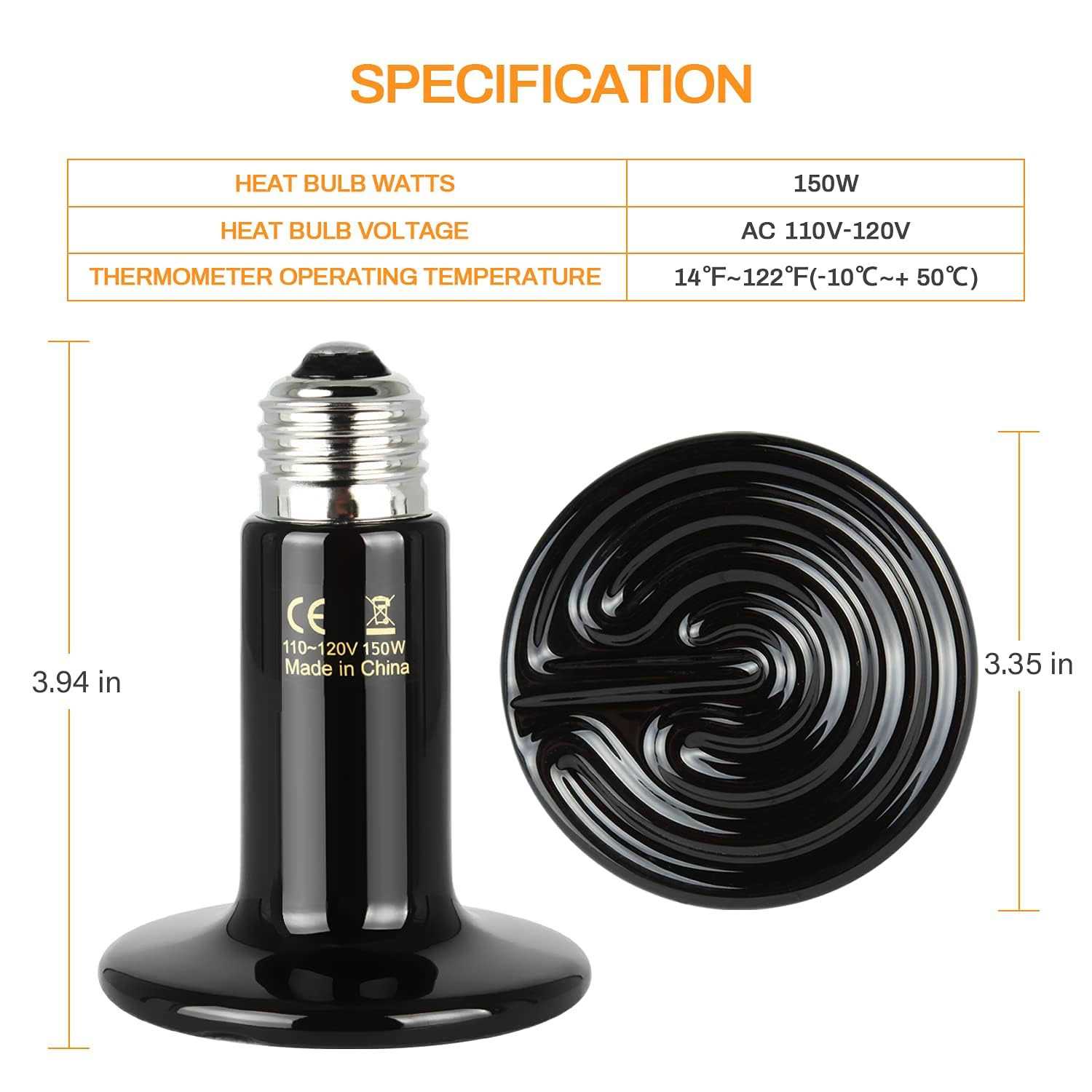 Simple Deluxe 150W Ceramic Heat Emitter Reptile Heat Lamp with Digital-Thermometer - Nail Gallerys