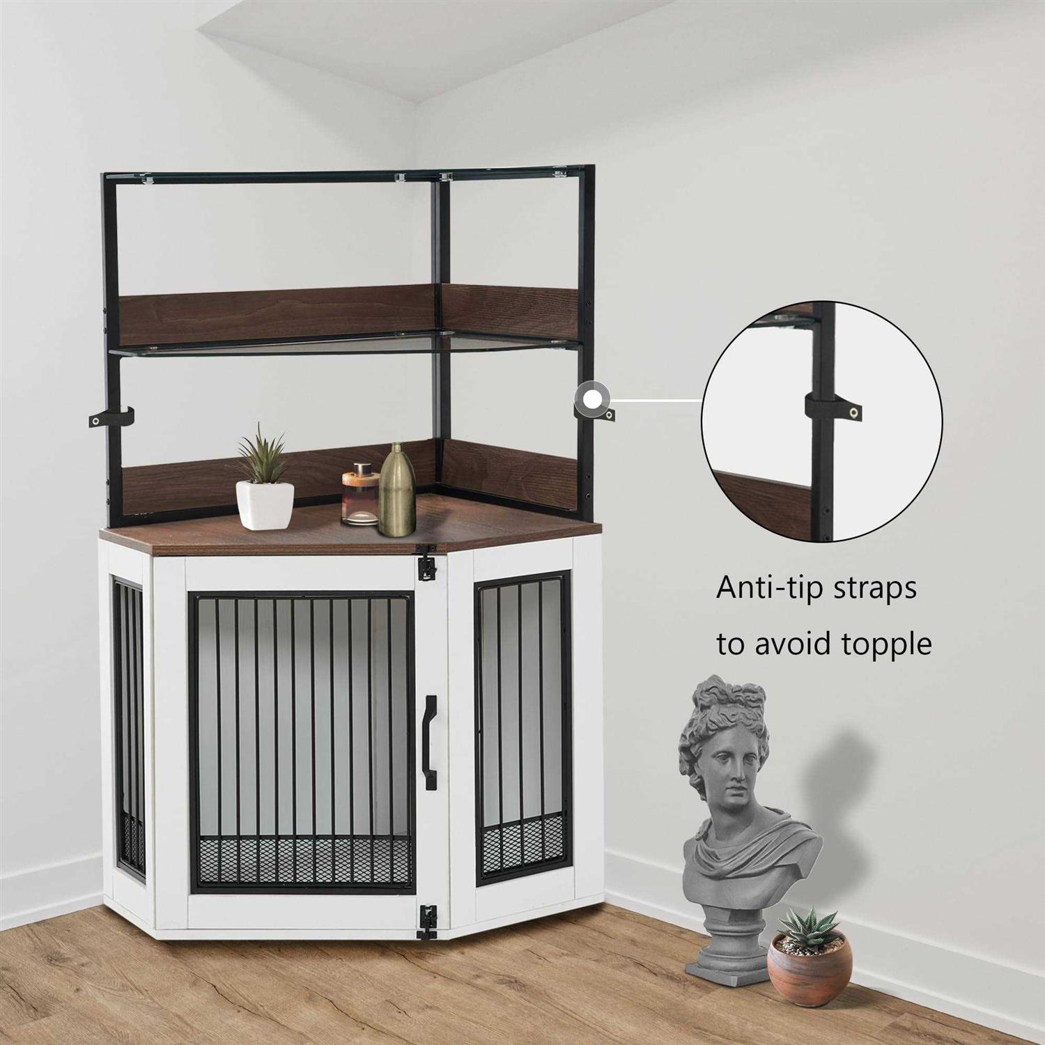 MCombo Corner Dog Crate Furniture with Glass Shelves Wooden Dog Kennel Furniture with Door - Nail Gallerys