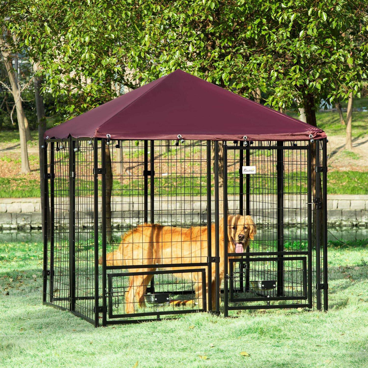 PawHut Indoor/Outdoor Metal Dog Kennel, Dog House with Lock, Weather Resistant Canopy and 2 Bowl Holders and Bowls - Nail Gallerys