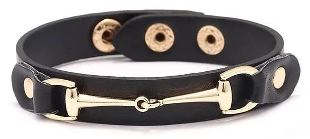Vegan Leather Bracelet with Gold Tone Snaffle Bit - Nail Gallerys