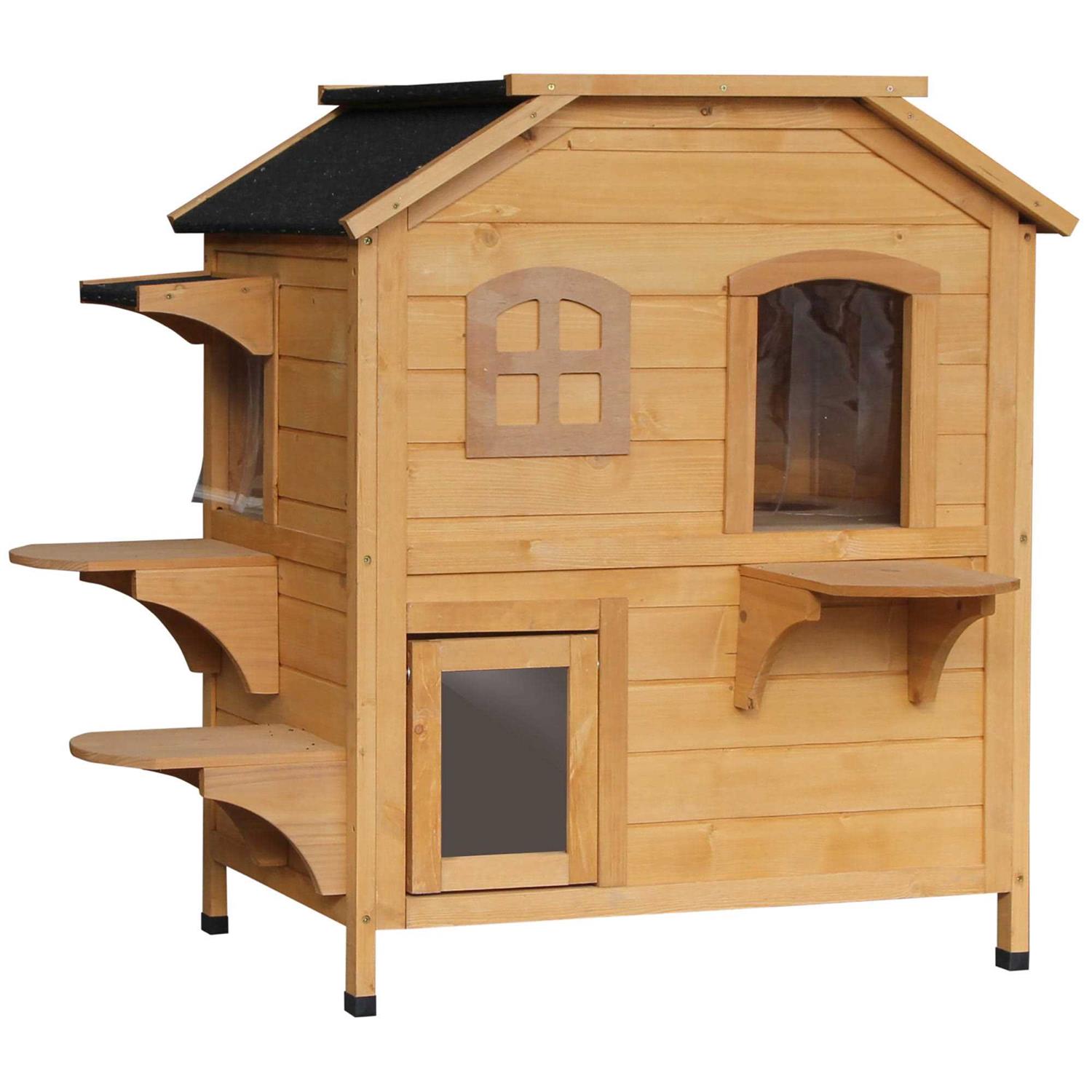 PawHut Wooden 2-Story Outdoor Cat House with Escape Door, Cat Openable Roof Platforms - Nail Gallerys