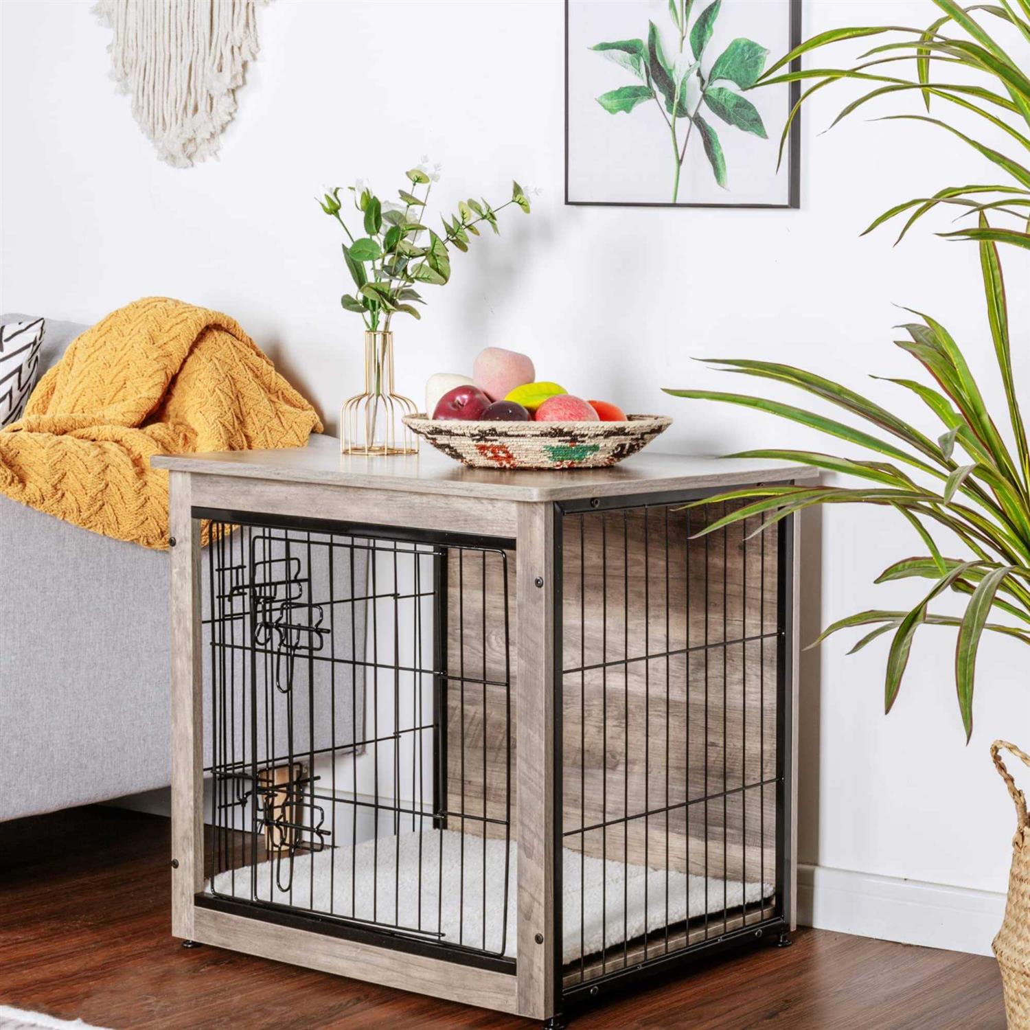 DWANTON Dog Crate Furniture with Cushion Wooden Dog Crate with Double Doors - Nail Gallerys