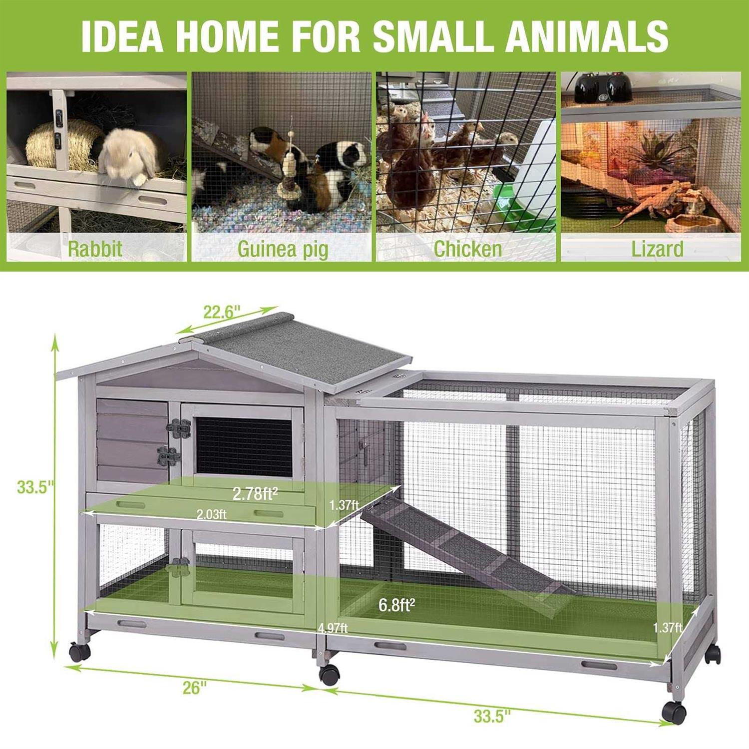 Outdoor Rabbit Hutch Indoor Bunny House on Wheels Large Guinea Pig Cage with Run for Any Small Animals,Removable Pull Out Tray - Nail Gallerys