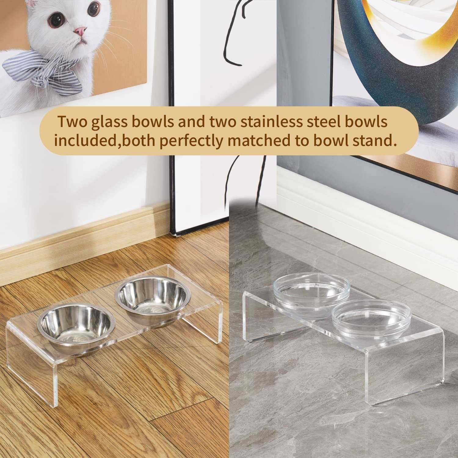 Feoyoho Acrylic Elevated Dog Cat Bowls Pet Feeder Double Bowl Raised Stand Comes with 2 Removable Glass Bowls and 2 Stainless Steel Bowls.Perfect for cats - Nail Gallerys