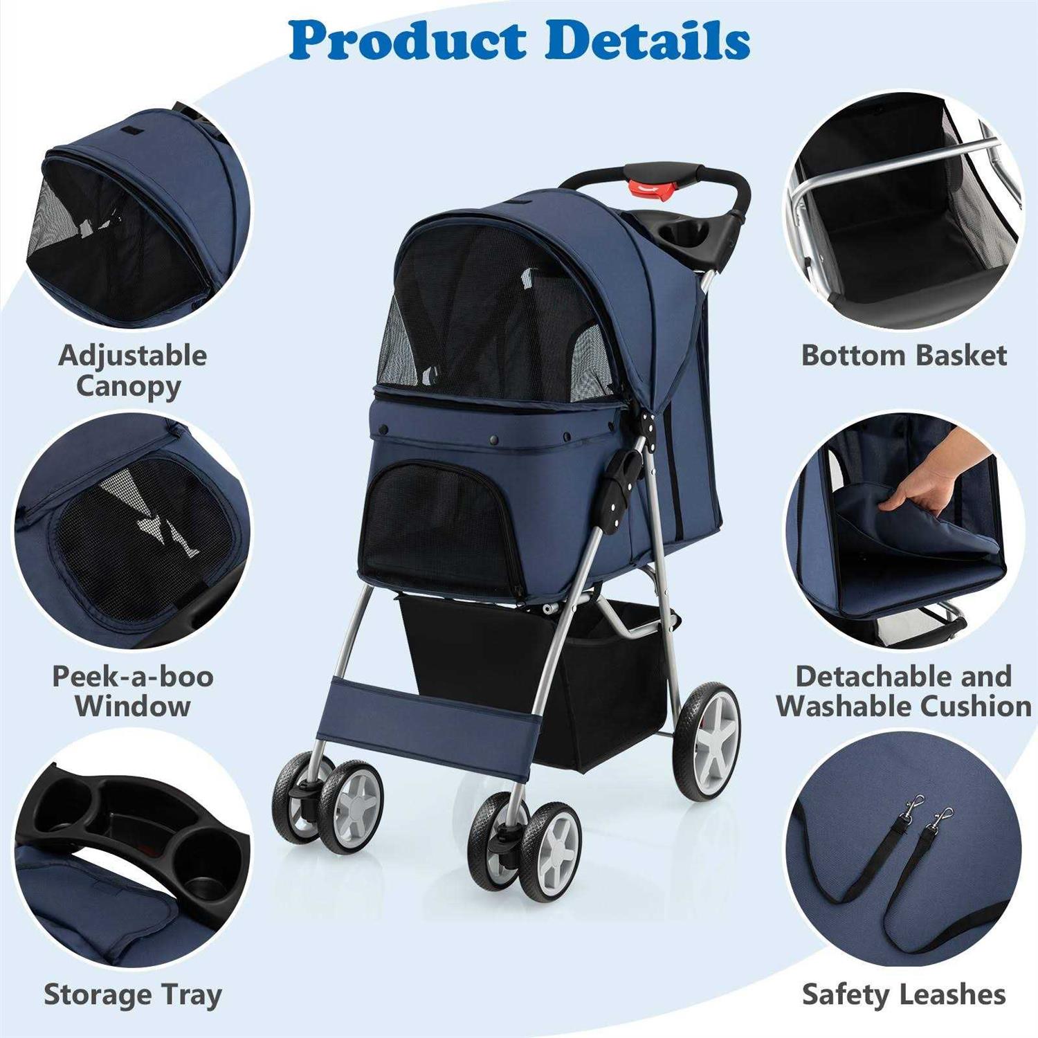 Costway Foldable 4-Wheel Pet Stroller with Storage Basket - Nail Gallerys