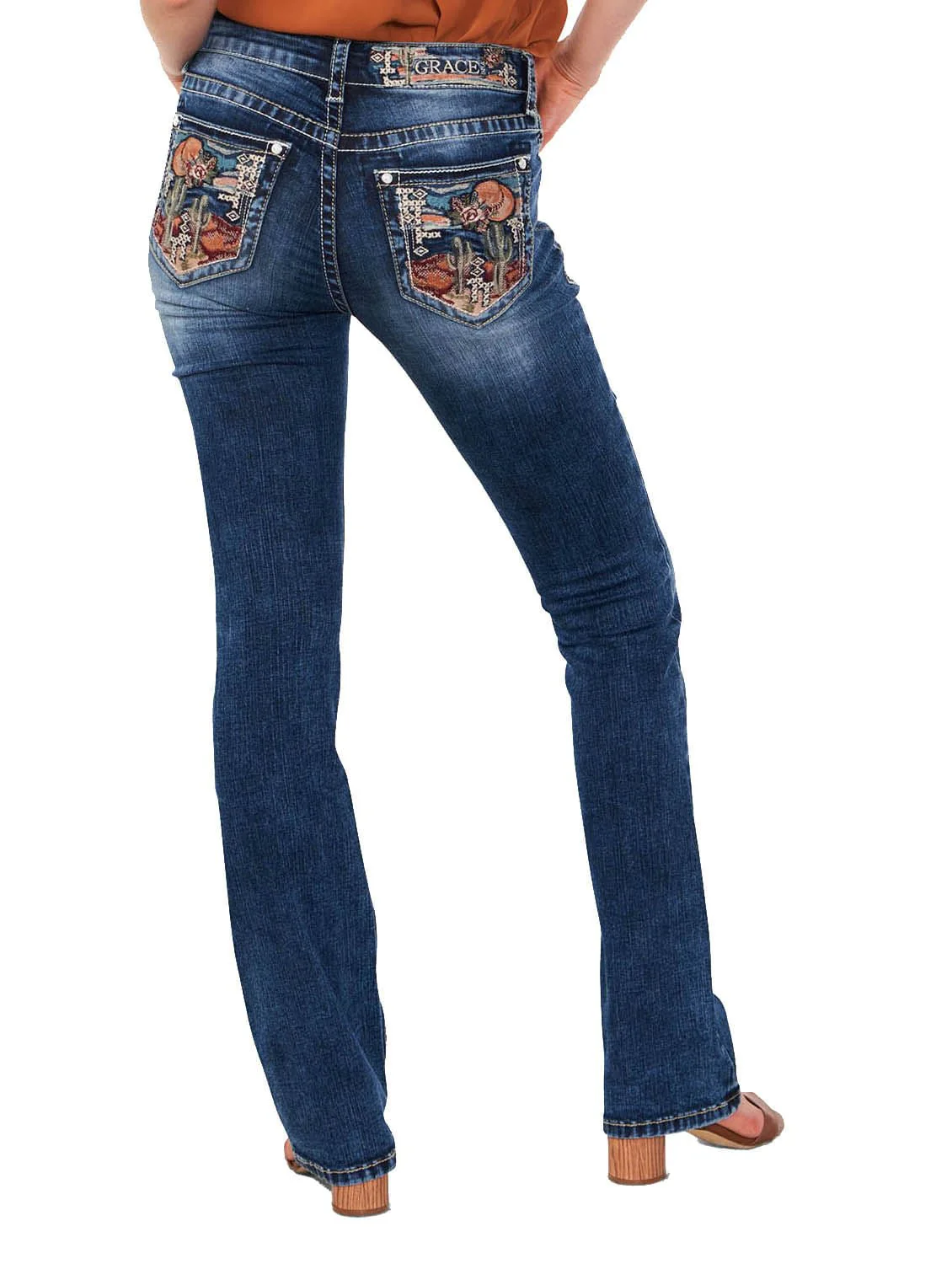 Grace in LA Cactus Scene Embroidered Mid Rise Bootcut Jeans - Nail Gallerys