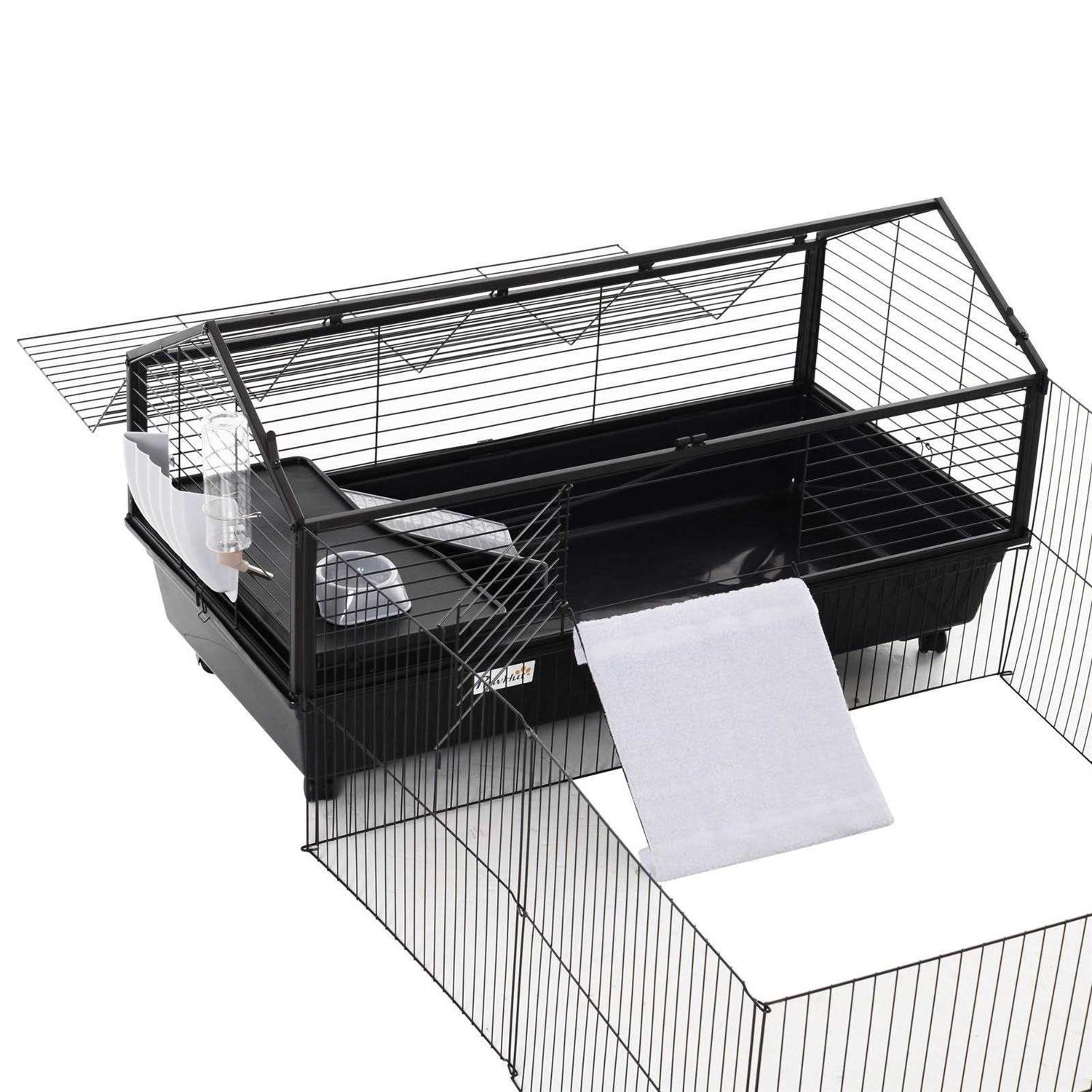 PawHut Rolling Metal Rabbit Guinea Pig or Small Animal Hutch Cage with Main House and Run - Nail Gallerys