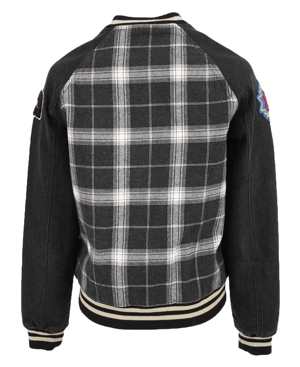 STS Ladies' Black Plaid Varsity Jacket with Patches - Nail Gallerys
